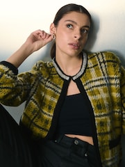 Ockergelb/Gelb kariert - Embellished Collar Brushed Crew Neck Cardigan - Bild 1 von 5