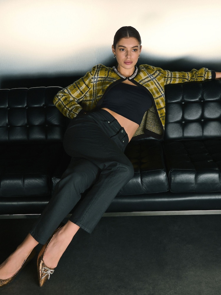 Ochre Yellow Check Embellished Collar Brushed Crew Neck Cardigan - Image 5 of 5 Ochre Yellow Check Embellished Collar Brushed Crew Neck Cardigan - Image 5 of 5