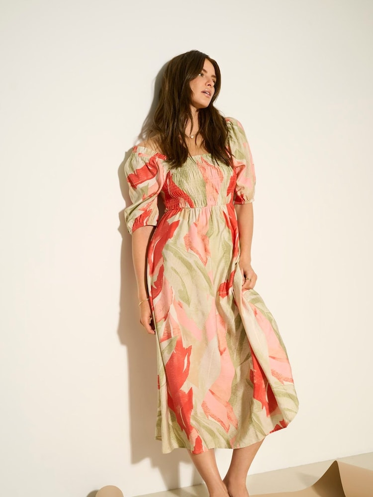 JDY Green Puff Sleeve Smock Midi Dress - Image 1 of 4