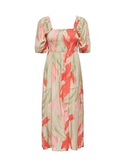 JDY Green Puff Sleeve Smock Midi Dress - Image 3 of 4