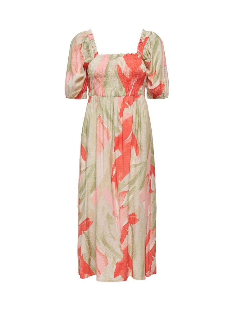 JDY Green Puff Sleeve Smock Midi Dress - Image 3 of 4