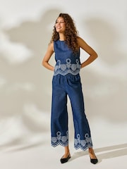 JDY Blue 100% Cotton Embroidery Detail High Waisted Trousers - Image 4 of 5
