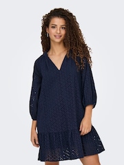 JDY Blue 100% Cotton V-Neck Embroidery Smock Mini Dress - Image 1 of 6