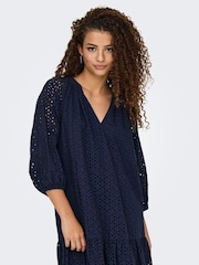 JDY Blue 100% Cotton V-Neck Embroidery Smock Mini Dress - Image 2 of 6