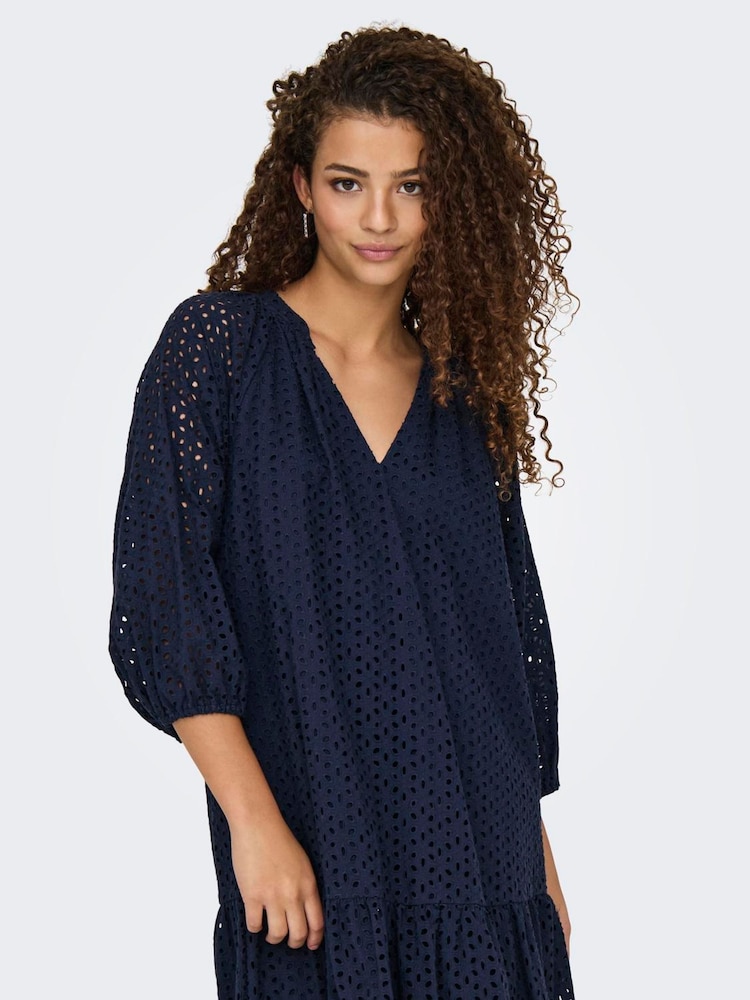 JDY Blue 100% Cotton V-Neck Embroidery Smock Mini Dress - Image 2 of 6