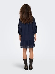 JDY Blue 100% Cotton V-Neck Embroidery Smock Mini Dress - Image 3 of 6