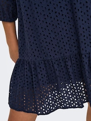 JDY Blue 100% Cotton V-Neck Embroidery Smock Mini Dress - Image 4 of 6