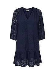 JDY Blue 100% Cotton V-Neck Embroidery Smock Mini Dress - Image 5 of 6