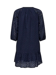 JDY Blue 100% Cotton V-Neck Embroidery Smock Mini Dress - Image 6 of 6