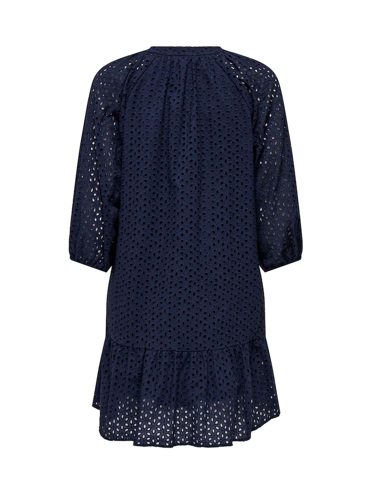 JDY Blue 100% Cotton V-Neck Embroidery Smock Mini Dress - Image 6 of 6