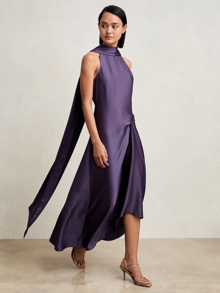 Reiss Purple Michelle Satin Tuck-Detail Cape Midi Dress - Image 1 of 7