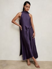 Reiss Purple Michelle Satin Tuck-Detail Cape Midi Dress - Image 3 of 7