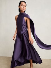 Reiss Purple Michelle Satin Tuck-Detail Cape Midi Dress - Image 6 of 7