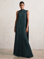 Reiss Teal Green Greta Crepe Cape Maxi Dress - Image 4 of 6