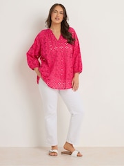Evans Pink Half Placket Broidery 100% Cotton Top - Image 3 of 6