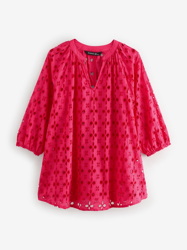 Evans Pink Half Placket Broidery 100% Cotton Top - Image 6 of 6