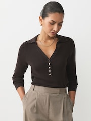 Chocolate Brown Soft Touch V-Neck Cotton Rich Knitted Polo Top - Image 1 of 8