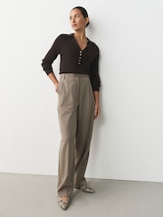 Chocolate Brown Soft Touch V-Neck Cotton Rich Knitted Polo Top - Image 2 of 8