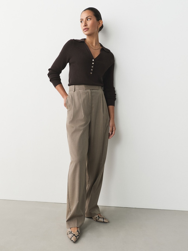Chocolate Brown Soft Touch V-Neck Cotton Rich Knitted Polo Top - Image 2 of 8