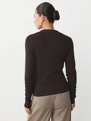 Chocolate Brown Soft Touch V-Neck Cotton Rich Knitted Polo Top - Image 3 of 8