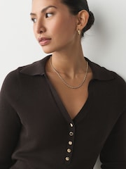 Chocolate Brown Soft Touch V-Neck Cotton Rich Knitted Polo Top - Image 4 of 8