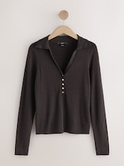 Chocolate Brown Soft Touch V-Neck Cotton Rich Knitted Polo Top - Image 5 of 8