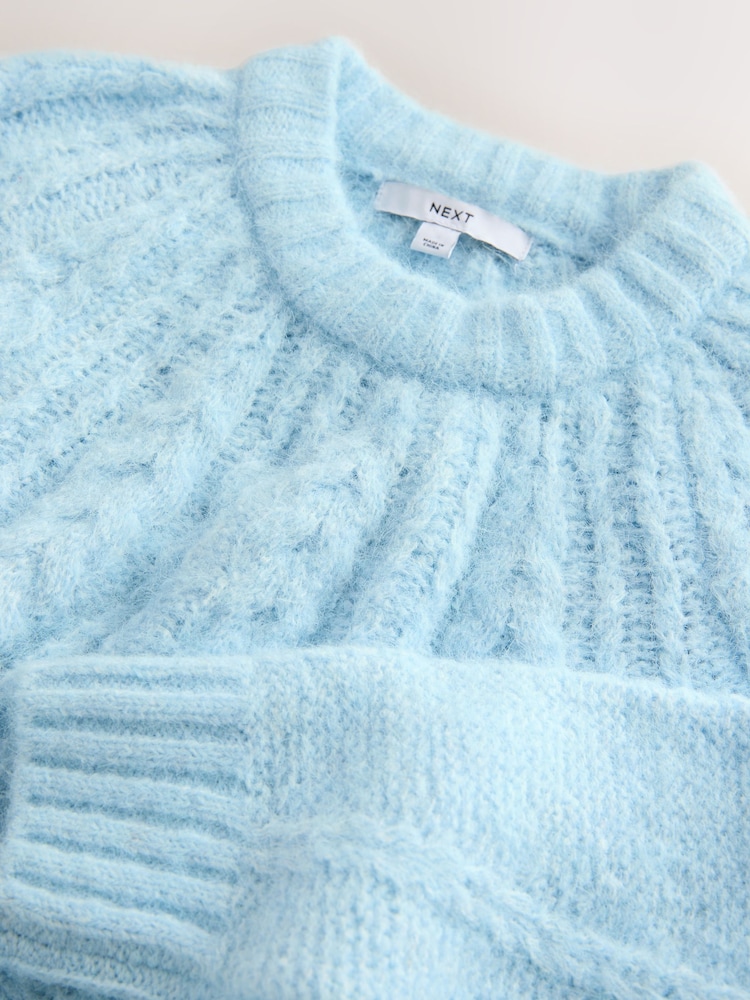 Light Blue Wool Blend Cable Knit Crew Neck Jumper - Image 9 of 9