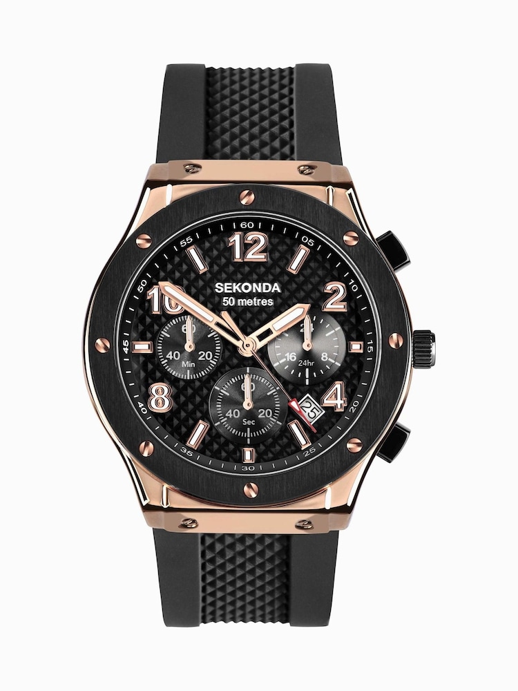 Sekonda Sports Mens 43mm Black Titan Watch with Black Silicone Strap & White Dial - Image 1 of 6