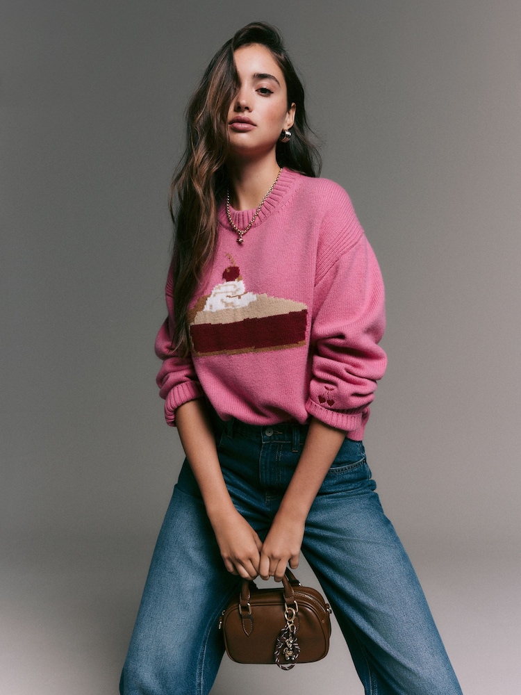 Bright Pink Pie Graphic Crew Neck Jumper With Wool - Image 2 of 10