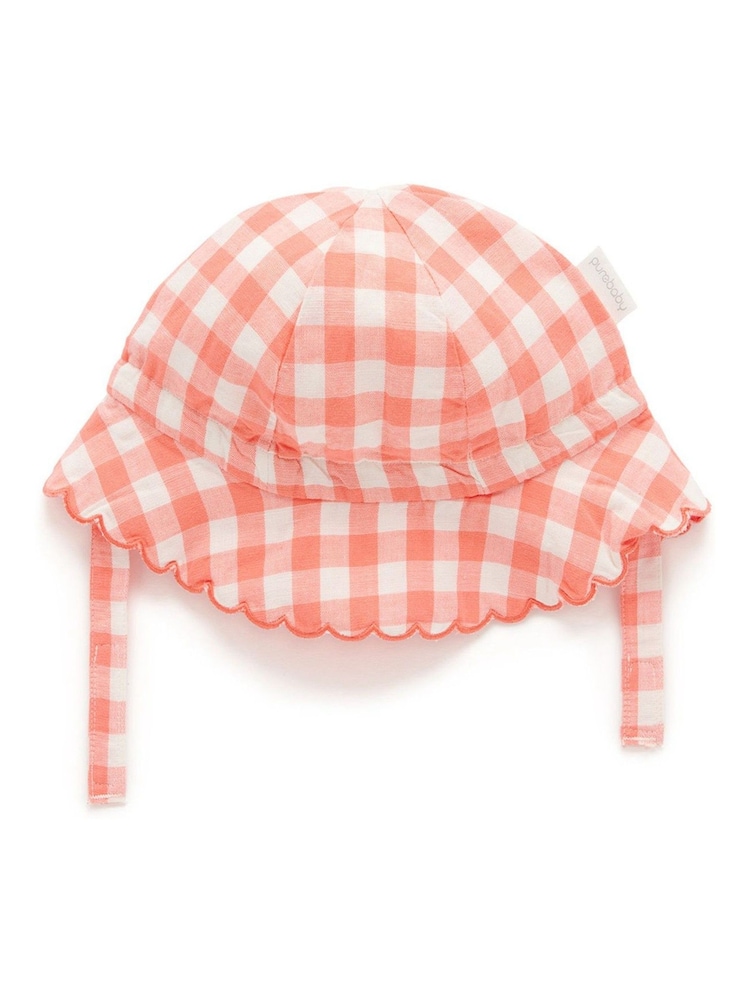Purebaby Orange Coral Gingham Sun Hat - Image 1 of 4 Purebaby Orange Coral Gingham Sun Hat - Image 1 of 4