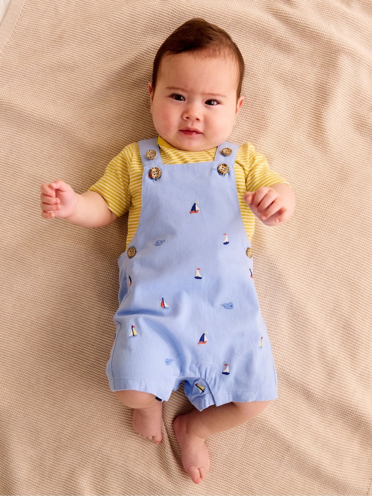 Purebaby Blue Yacht Embroidered Dungaree Set - Image 1 of 5 Purebaby Blue Yacht Embroidered Dungaree Set - Image 1 of 5