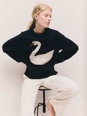 Navy Blue Swan Graphic Long Sleeve Crew Neck Jumper With Wool - Image 1 of 9