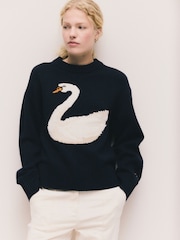 Navy Blue Swan Graphic Long Sleeve Crew Neck Jumper With Wool - Image 2 of 9