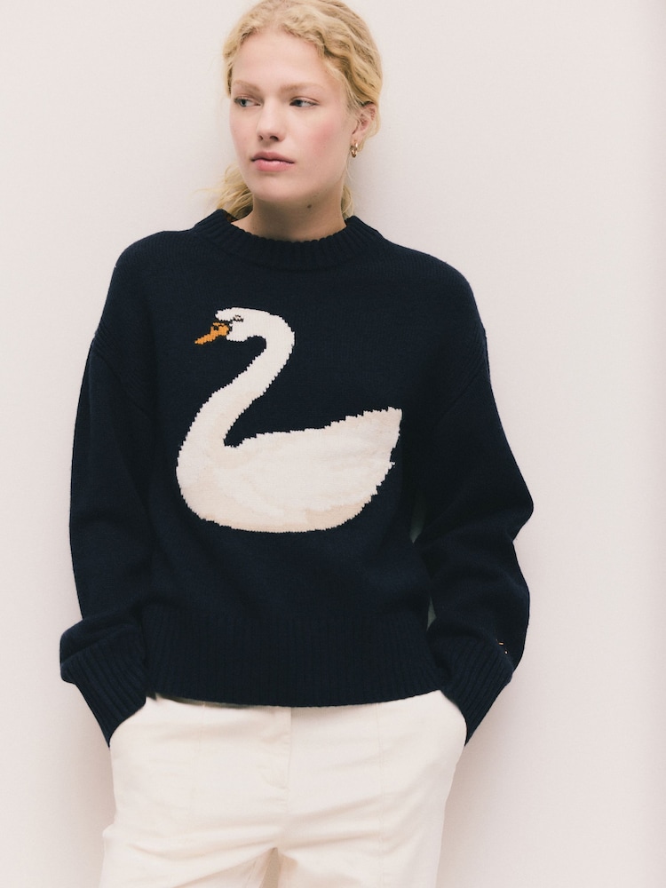 Navy Blue Swan Graphic Long Sleeve Crew Neck Jumper With Wool - Image 2 of 9