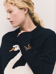 Navy Blue Swan Graphic Long Sleeve Crew Neck Jumper With Wool - Image 4 of 9