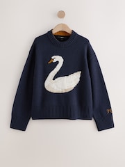 Navy Blue Swan Graphic Long Sleeve Crew Neck Jumper With Wool - Image 5 of 9