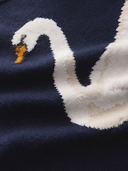 Navy Blue Swan Graphic Long Sleeve Crew Neck Jumper With Wool - Image 8 of 9