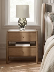 Mid Natural Farndon N. Premium Oak Veneer 2 Drawer Wide Bedside Table - Image 1 of 8