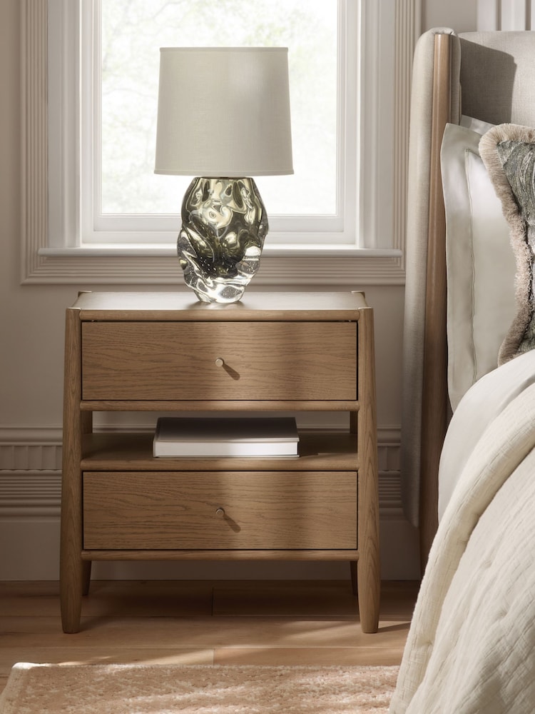 Mid Natural Farndon N. Premium Oak Veneer 2 Drawer Wide Bedside Table - Image 1 of 8