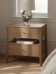 Mid Natural Farndon N. Premium Oak Veneer 2 Drawer Wide Bedside Table - Image 2 of 8