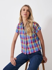 Crew Clothing Pink Short Sleeve Check Linen Blend Shirt - Image 1 of 5