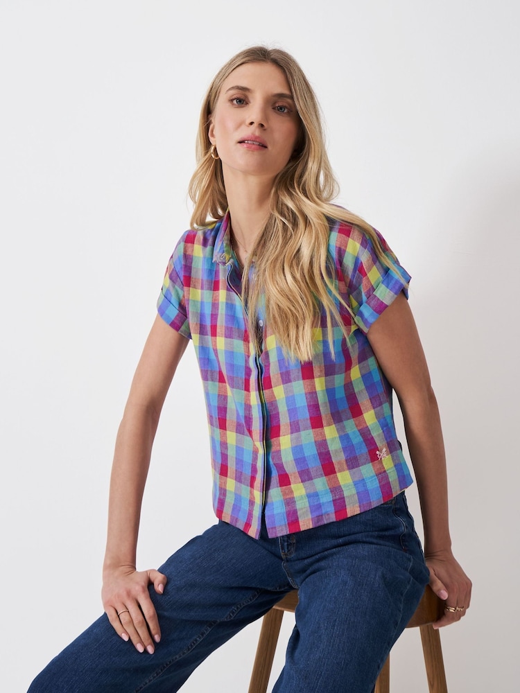 Crew Clothing Pink Short Sleeve Check Linen Blend Shirt - Image 1 of 5