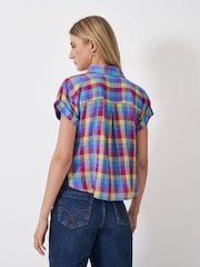 Crew Clothing Pink Short Sleeve Check Linen Blend Shirt - Image 2 of 5