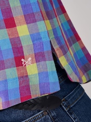 Crew Clothing Pink Short Sleeve Check Linen Blend Shirt - Image 4 of 5