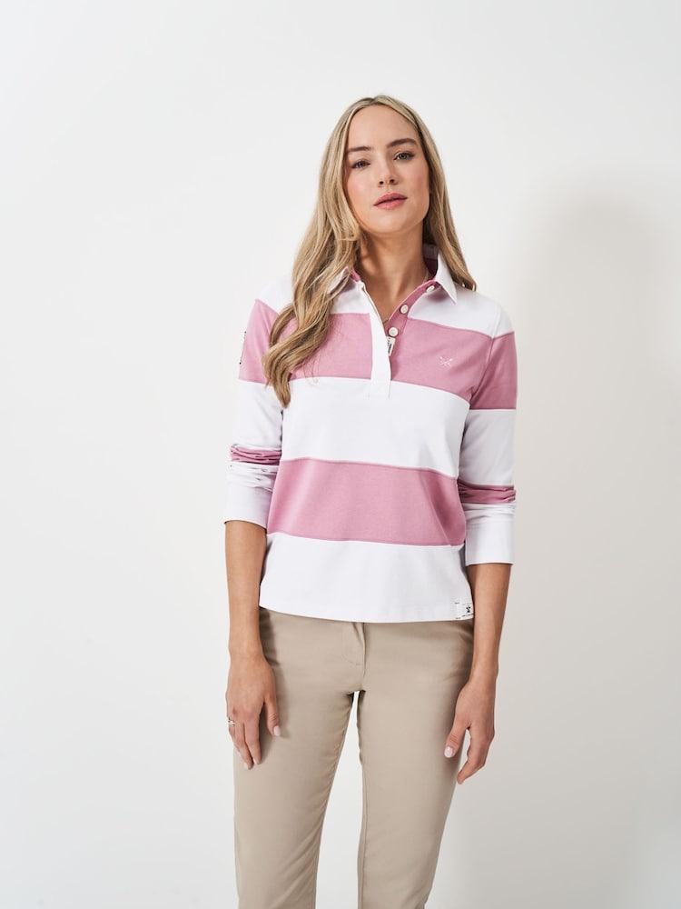 Crew Clothing White/Pink Long Sleeve Stripe Rugby 100% Cotton Shirt - Image 1 of 5