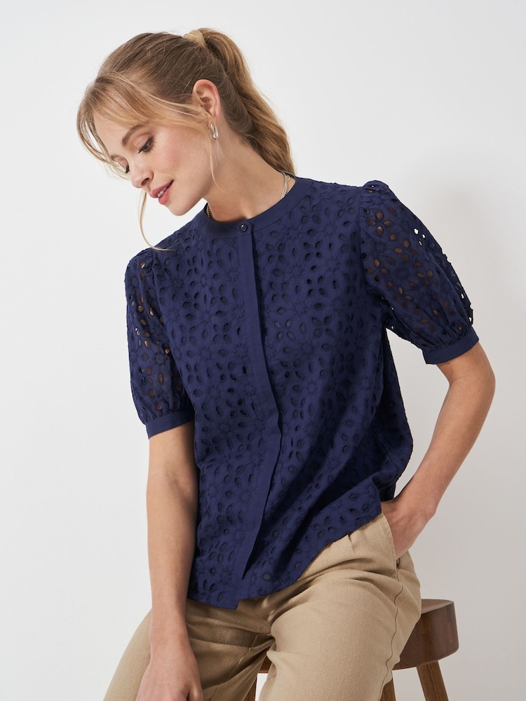 Crew Clothing Blue Gabriella Broderie Blouse - Image 1 of 5