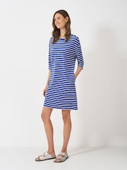 Crew Clothing Blue Thea Jersey 3/4 Sleeve Stripe 100% Cotton Dress - Image 1 of 5