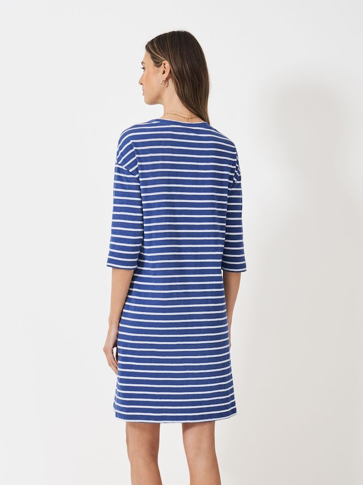 Crew Clothing Blue Thea Jersey 3/4 Sleeve Stripe 100% Cotton Dress - Image 2 of 5