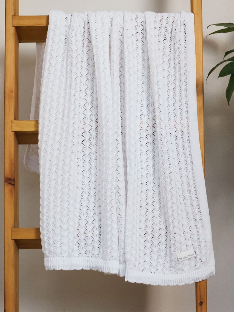 The Little Tailor Baby Scallop Design Pointelle 100% Cotton White Blanket - Image 1 of 4