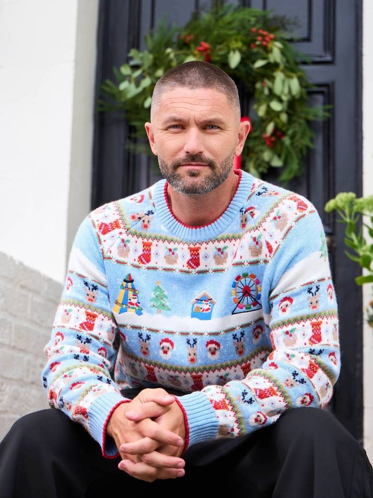JoJo Maman Bébé Blue Men's Christmas Fair Ground Fairisle Jumper - Image 1 of 1